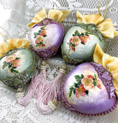 Handcrafted, Shabby Chic, Valentine Heart Ornament Set of 4, Decoupage Pink Cupid Love Heart Ornaments, Valentine's Day Ornament Decorations Handmade by Pamela