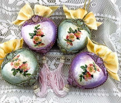 Handcrafted, Shabby Chic, Valentine Heart Ornament Set of 4, Decoupage Pink Cupid Love Heart Ornaments, Valentine's Day Ornament Decorations Handmade by Pamela