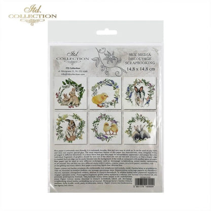 ITD Collection Rice Paper Mini Set for Decoupage RSM038, 6 sheets of rice paper 14,8x14,8 cm, bunny, chic, Easter Rounds, Wreaths ITD Collection