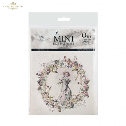 ITD Collection Rice Paper Mini Set for Decoupage RSM042, 6 sheets of rice paper 14,8x14,8 cm, Shabby chic, wreath, vintage, women, Rounds ITD Collection