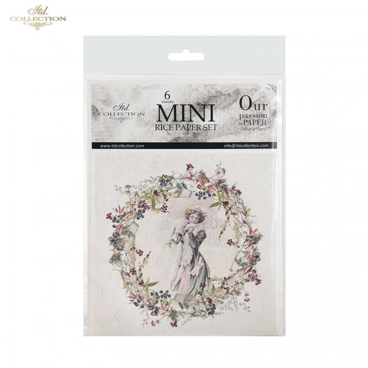 ITD Collection Rice Paper Mini Set for Decoupage RSM042, 6 sheets of rice paper 14,8x14,8 cm, Shabby chic, wreath, vintage, women, Rounds