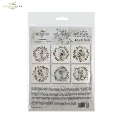 ITD Collection Rice Paper Mini Set for Decoupage RSM042, 6 sheets of rice paper 14,8x14,8 cm, Shabby chic, wreath, vintage, women, Rounds ITD Collection