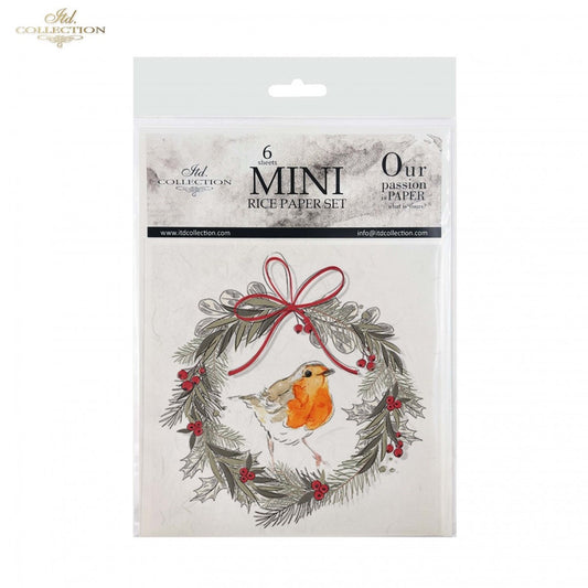 ITD Collection Rice Paper Mini Set Decoupage RSM043, 6 sheets, Christmas Wreaths, Birds, Rounds, Holiday Themes, Ornament Rounds