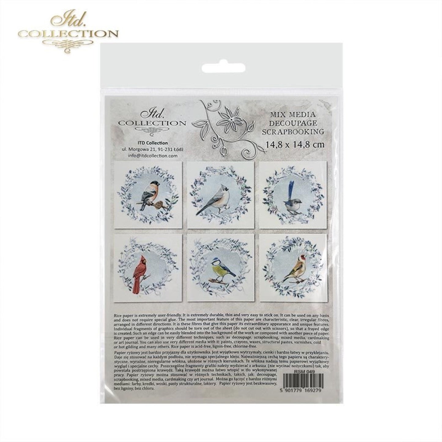 ITD Collection Rice Paper Mini Set for Decoupage RSM049, 6 sheets of rice paper 14,8x14,8 cm, ice, snow, winter birds, Christmas wreaths