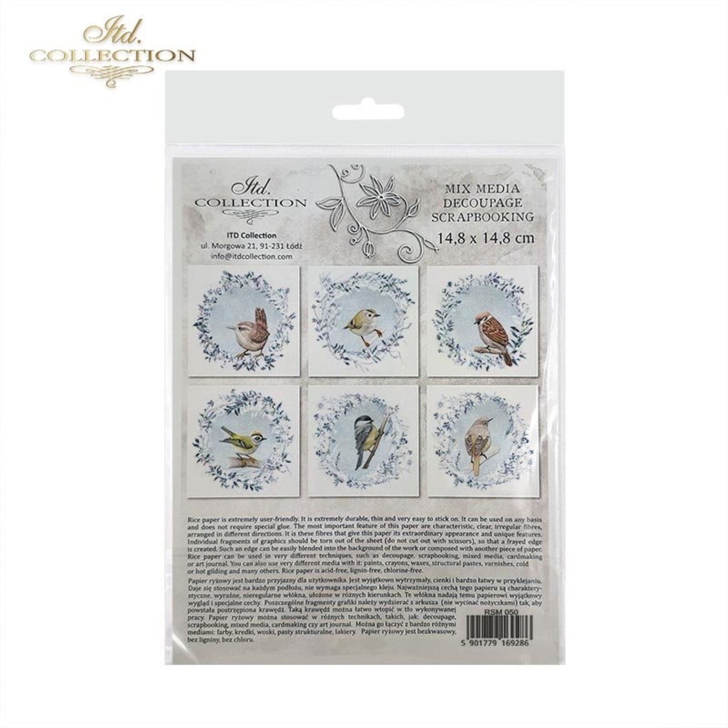 ITD Collection Rice Paper Mini Set for Decoupage RSM050, 6 sheets of rice paper 14,8x14,8 cm, ice, snow, winter birds, Christmas wreaths