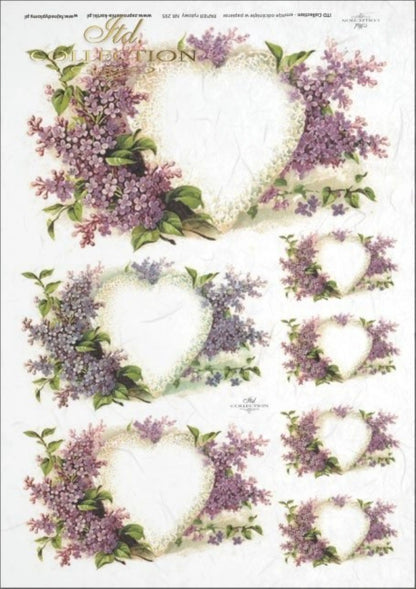 ITD Collection Rice Paper for Decoupage R0295, Size A4 - 210x297 mm, 8.27x11.7 inch, Valentine's Day, Lilac Hearts, Fillable Heart Frames ITD Collection