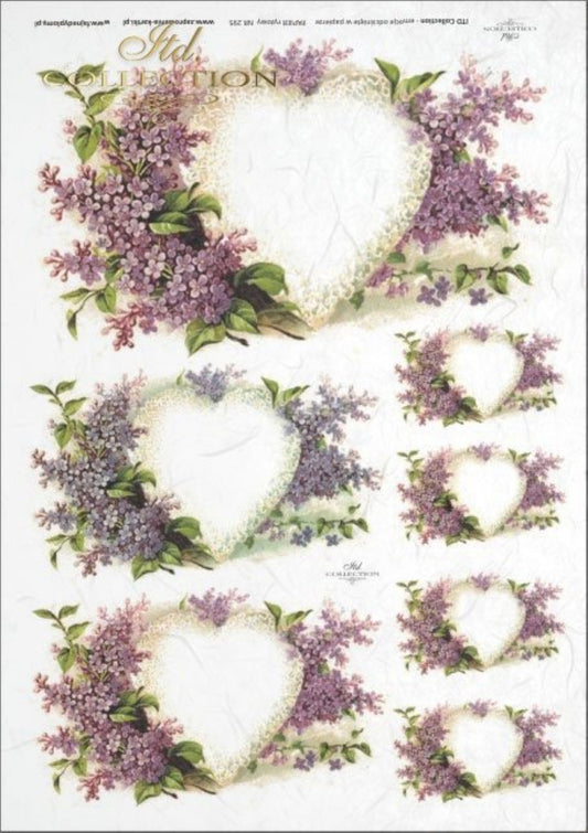 ITD Collection Rice Paper for Decoupage R0295, Size A4 - 210x297 mm, 8.27x11.7 inch, Valentine's Day, Lilac Hearts, Fillable Heart Frames