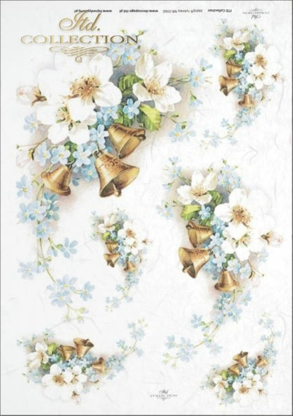 ITD Collection Rice Paper for Decoupage R0360, Size A4 - 210x297 mm, 8.27x11.7 inch, White Spring flowers, Wedding bells, bridal ITD Collection