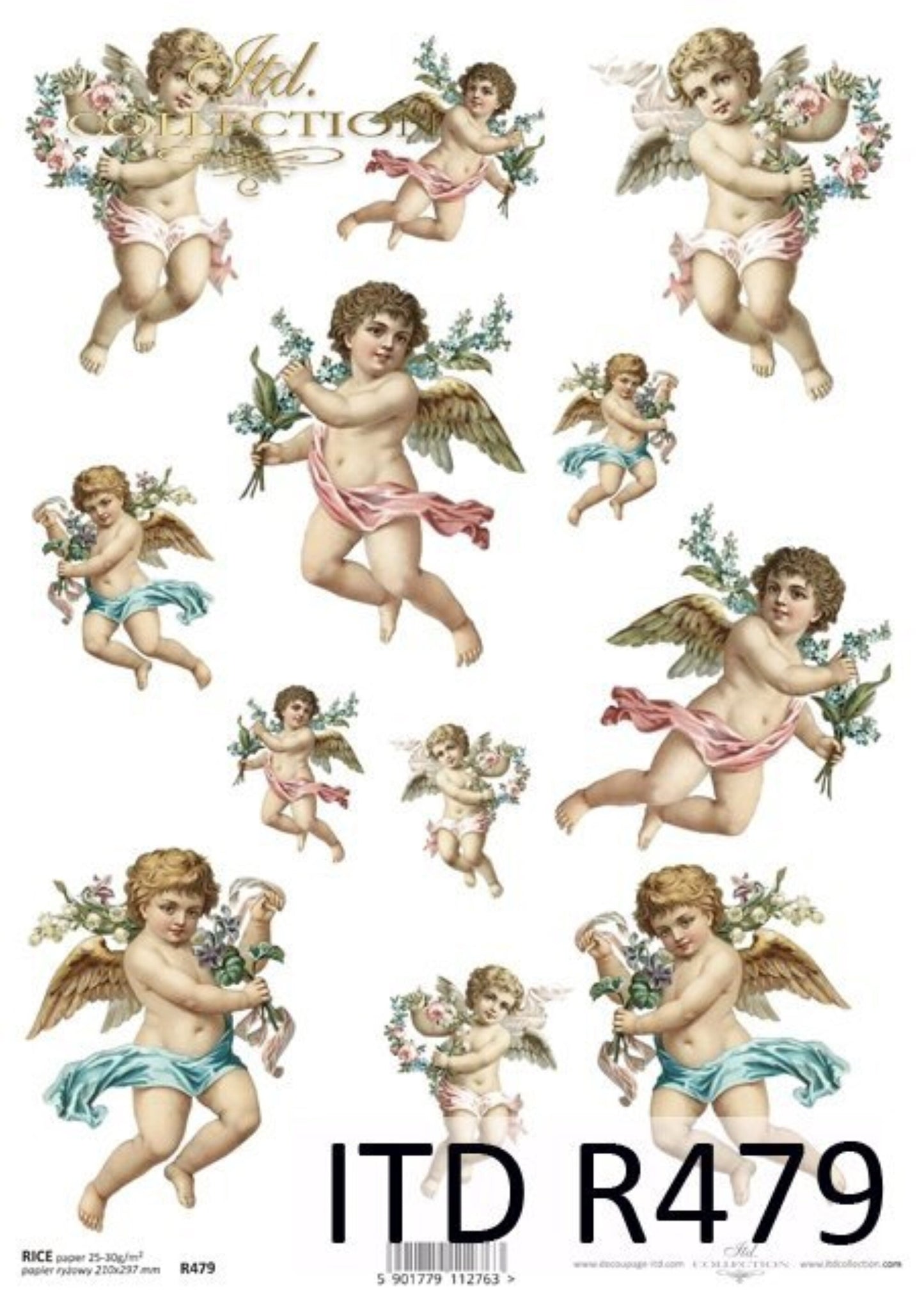 ITD Collection Rice Paper for Decoupage R0479, Size A4 - 210x297 mm, 8.27x11.7 inch, cupids, angels, love, for ornaments