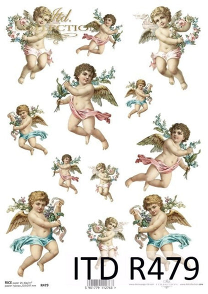 ITD Collection Rice Paper for Decoupage R0479, Size A4 - 210x297 mm, 8.27x11.7 inch, cupids, angels, love, for ornaments ITD Collection