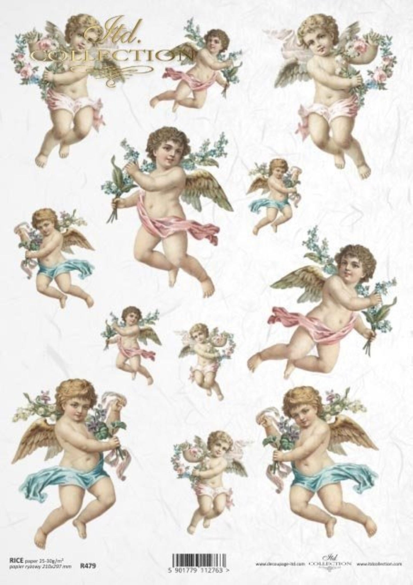 ITD Collection Rice Paper for Decoupage R0479, Size A4 - 210x297 mm, 8.27x11.7 inch, cupids, angels, love, for ornaments