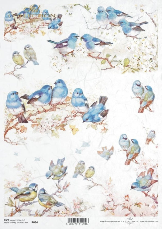 ITD Collection Rice Paper for Decoupage R0654, Size A4 - 210x297 mm, 8.27x11.7 inch, Spring blue birds, cherry blossom branches, spring