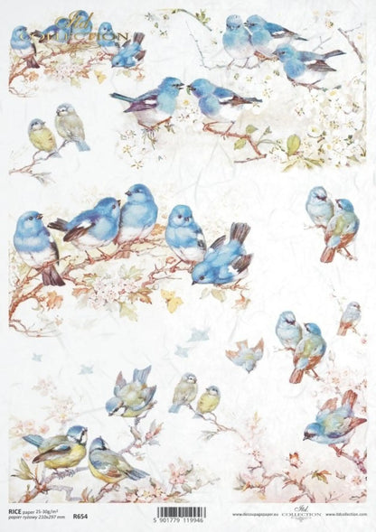 ITD Collection Rice Paper for Decoupage R0654, Size A4 - 210x297 mm, 8.27x11.7 inch, Spring blue birds, cherry blossom branches, spring ITD Collection