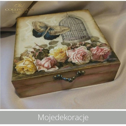 ITD Collection Rice Paper for Decoupage R0759, Size A4 - 210x297 mm, 8.27x11.7 inch, shabby chic style, roses, butterfly, bird cage ITD Collection