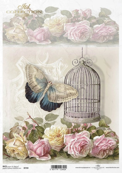 ITD Collection Rice Paper for Decoupage R0759, Size A4 - 210x297 mm, 8.27x11.7 inch, shabby chic style, roses, butterfly, bird cage ITD Collection