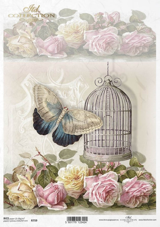 ITD Collection Rice Paper for Decoupage R0759, Size A4 - 210x297 mm, 8.27x11.7 inch, shabby chic style, roses, butterfly, bird cage