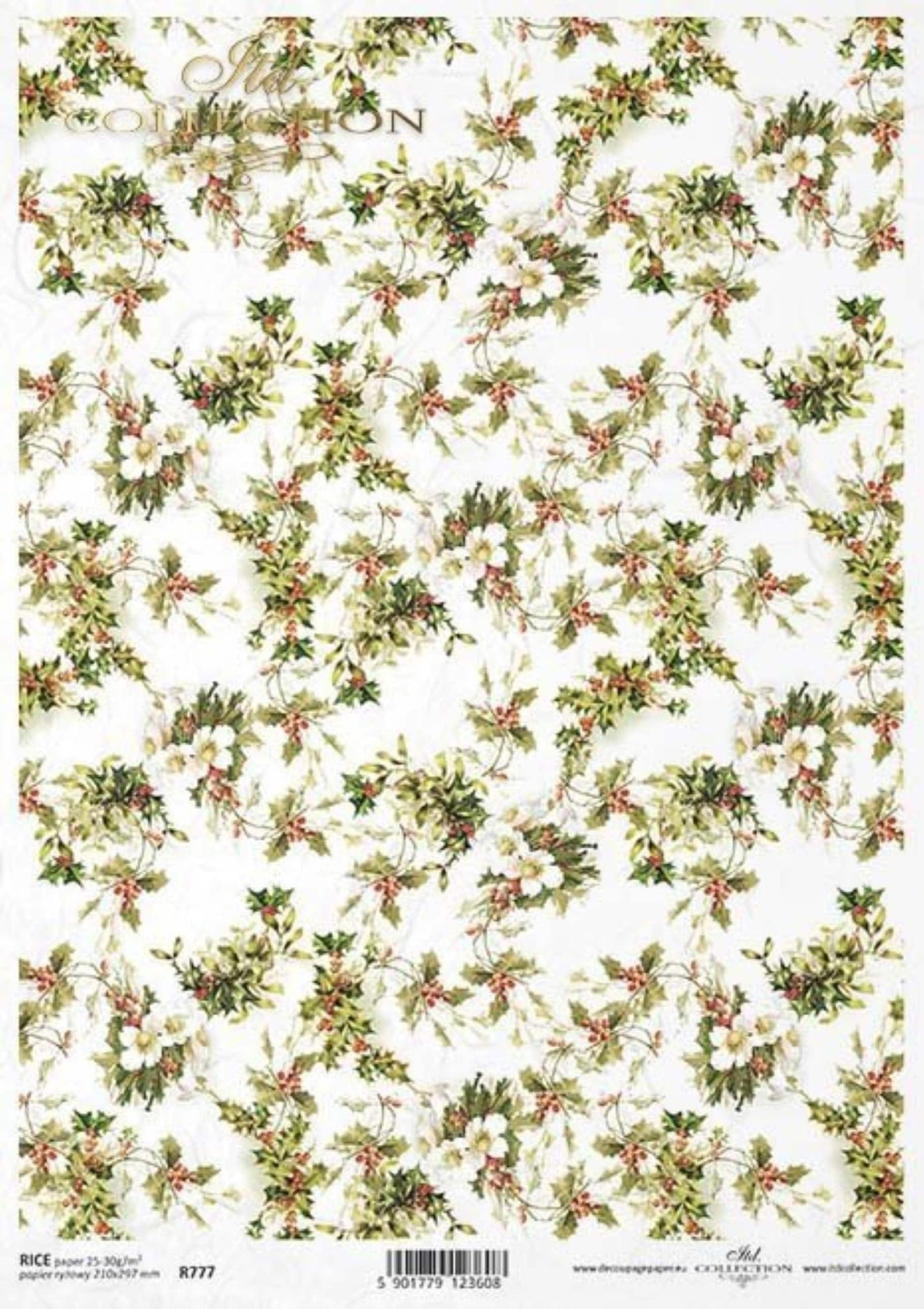 ITD Collection Rice Paper for Decoupage R0777, Size A4 - 210x297 mm, 8.27x11.7 inch, Christmas Holly, Flowers, Floral Trim