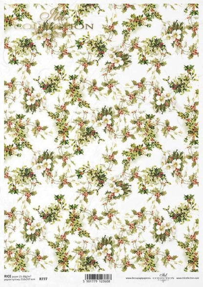 ITD Collection Rice Paper for Decoupage R0777, Size A4 - 210x297 mm, 8.27x11.7 inch, Christmas Holly, Flowers, Floral Trim ITD Collection