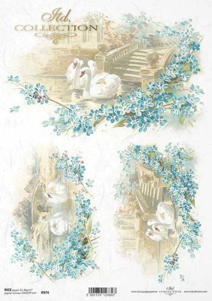 ITD Collection Rice Paper for Decoupage R0974, Size A4 - 210x297 mm, 8.27x11.7 inch, Shabby Chic flowers, swans ITD Collection