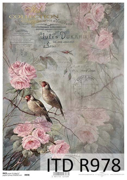ITD Collection Rice Paper for Decoupage R0978, Size A4 - 210x297 mm, 8.27x11.7 inch, flowers, birds, background, roses, Shabby Chic ITD Collection