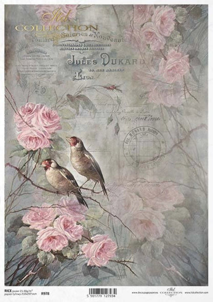 ITD Collection Rice Paper for Decoupage R0978, Size A4 - 210x297 mm, 8.27x11.7 inch, flowers, birds, background, roses, Shabby Chic ITD Collection