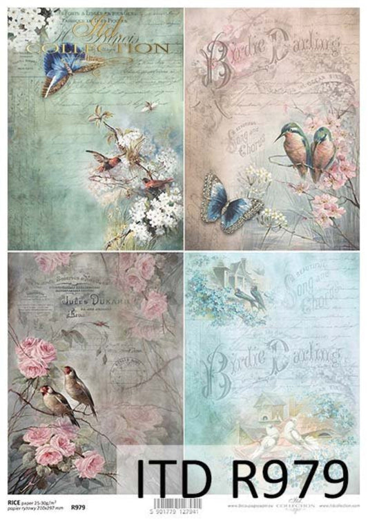 ITD Collection Rice Paper for Decoupage R0979, Size A4 - 210x297 mm, 8.27x11.7 inch, flowers, birds, birdhouses, butterflies, inscriptions