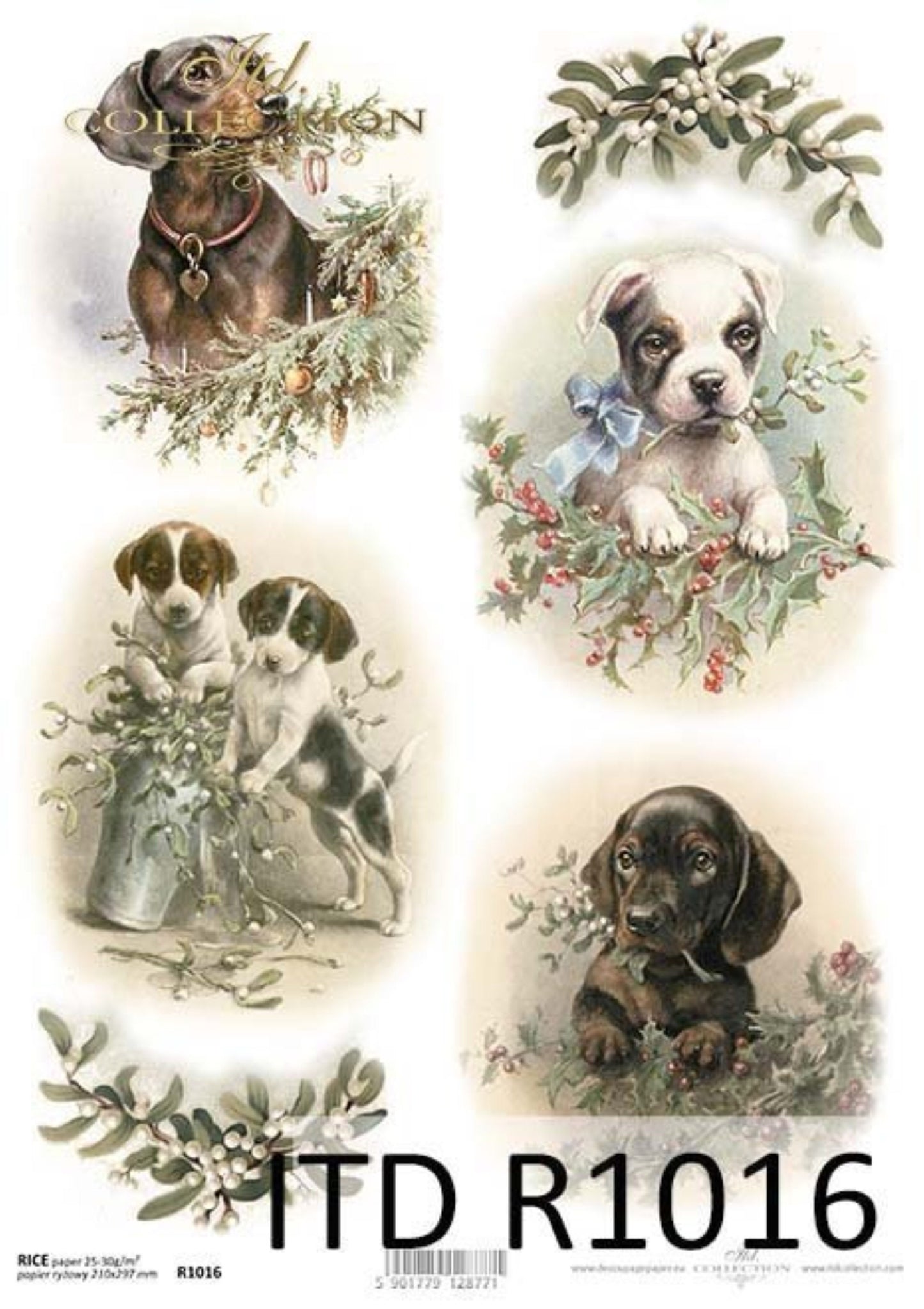 ITD Collection Rice Paper for Decoupage R1016, Size A4 - 210x297 mm, 8.27x11.7 inch, Vintage, Christmas Puppies, Rounds, Dogs