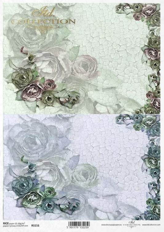 ITD Collection Rice Paper for Decoupage R1151, Size A4 - 210x297 mm, 8.27x11.7 inch, background flowers, shabby chic crackle