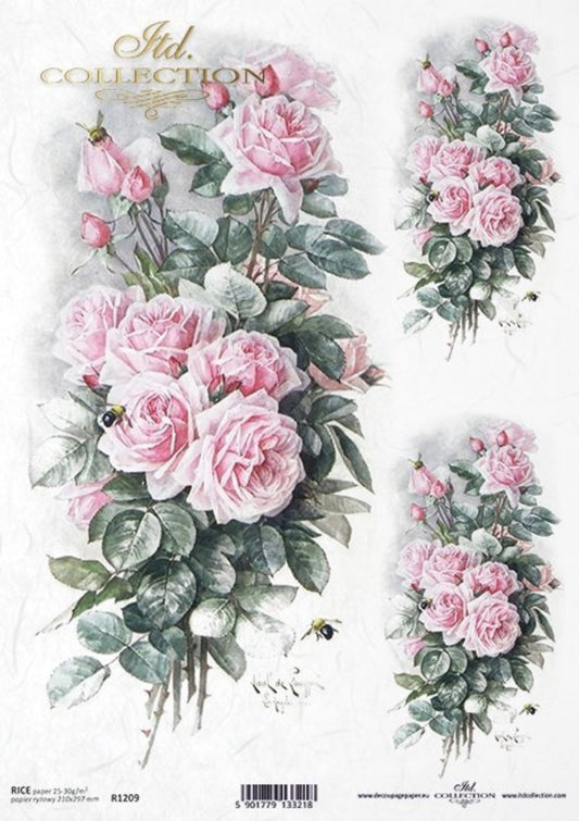 ITD Collection Rice Paper for Decoupage R1209, Size A4 - 210x297 mm, 8.27x11.7 inch, Shabby Chic, Vintage, flowers, pink roses, rose