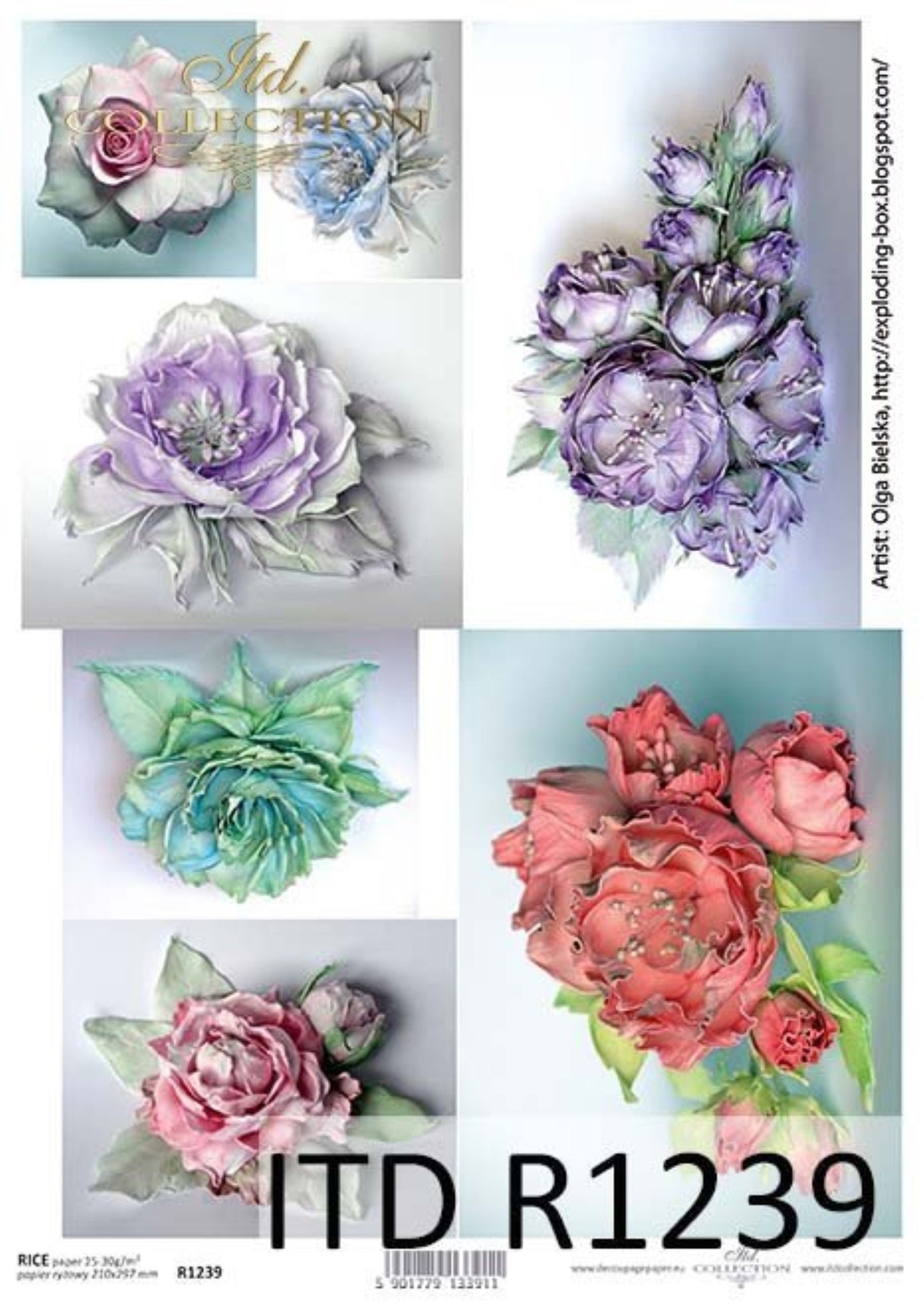 ITD Collection Rice Paper for Decoupage R1239, Size A4 - 210x297 mm, 8.27x11.7 inch, Shabby Chic, Flowers, art Olga Bielska, Rose Bouquets