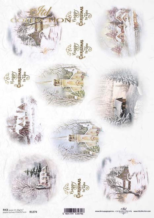 ITD Collection Rice Paper for Decoupage R1274, Size A4 - 210x297 mm, 8.27x11.7 inch, cottages, churches, winter, Christmas, Snow, Rounds