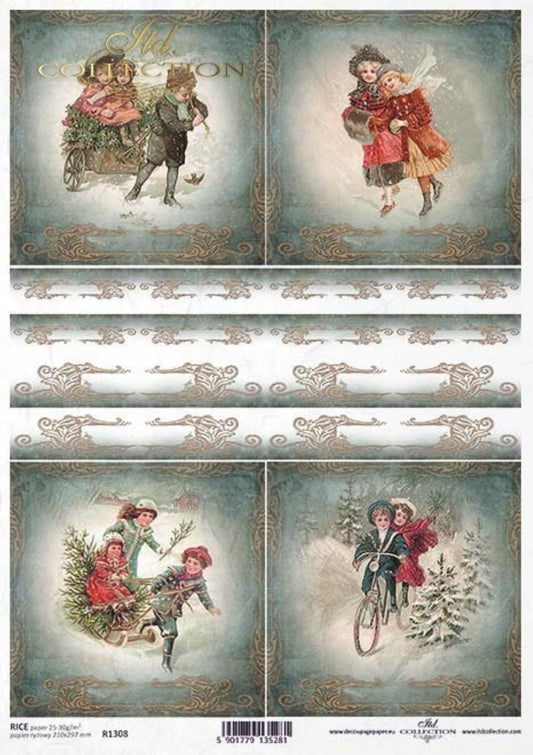 ITD Collection Rice Paper for Decoupage R1308, Size A4 - 210x297 mm, 8.27x11.7 inch, Vintage, Christmas Squares, winter, children, ornaments