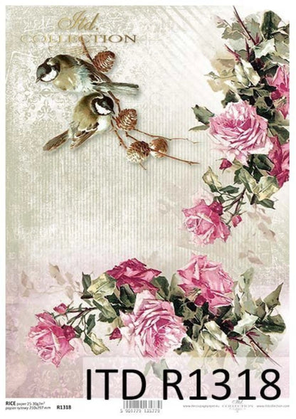 ITD Collection Rice Paper for Decoupage R1318, Size A4 - 210x297 mm, 8.27x11.7 inc, Shabby Chic Roses, birds, background ITD Collection