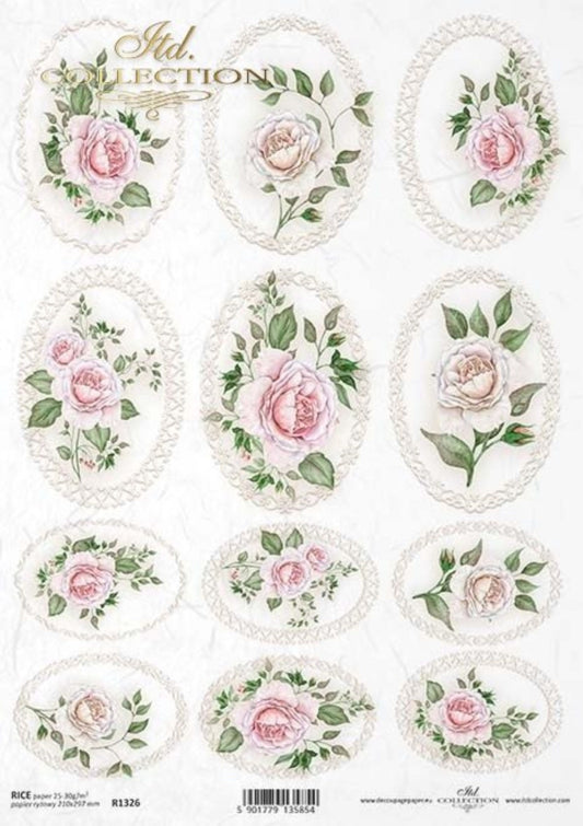 ITD Collection Rice Paper for Decoupage R1326, Size A4 - 210x297 mm, 8.27x11. inc, Vintage, Shabby Chic, Roses, Ovals, Bouquets