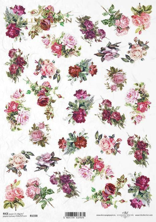 ITD Collection Rice Paper for Decoupage R1338, Size A4  210x297 mm, 8.27x11. Vintage, Shabby Chic, tiny Pink Rose bouquets, background