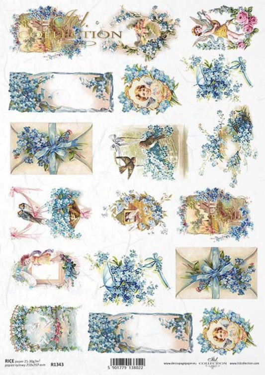 ITD Collection Rice Paper for Decoupage R1343, Size A4 - 210x297 mm, 8.27x11. inch Vintage Shabby Chic, Easter, angels, birds, flowers