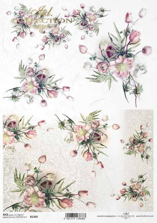 ITD Collection Rice Paper for Decoupage R1360, Size A4 - 210x297 mm, 8.27x11. inch Vintage Shabby Chic, spring flowers, Tulips, bouquets