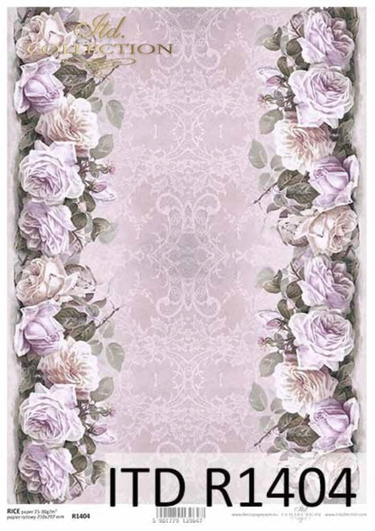 ITD Collection Rice Paper for Decoupage R1404, Size A4 - 210x297 mm, 8.27x11. inch Shabby Chic Pink roses, edge, bouquets, flowers, lace ITD Collection