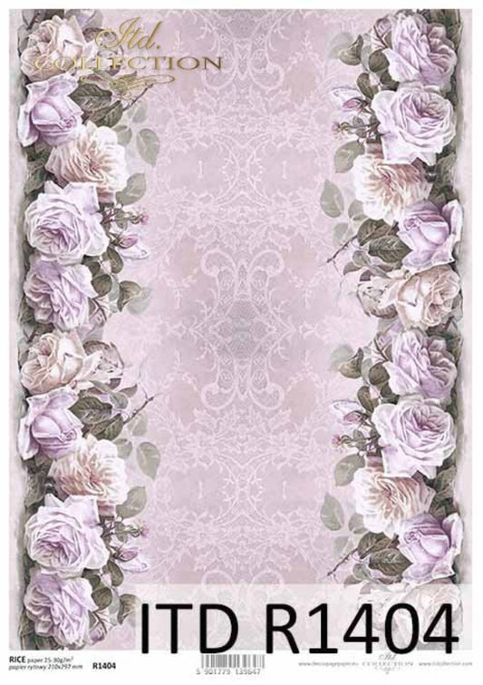 ITD Collection Rice Paper for Decoupage R1404, Size A4 - 210x297 mm, 8.27x11. inch Shabby Chic Pink roses, edge, bouquets, flowers, lace