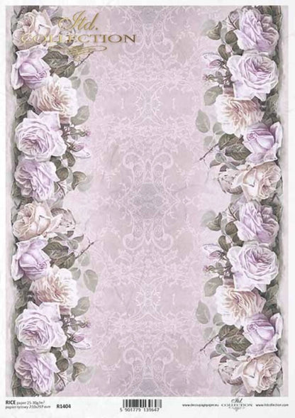 ITD Collection Rice Paper for Decoupage R1404, Size A4 - 210x297 mm, 8.27x11. inch Shabby Chic Pink roses, edge, bouquets, flowers, lace ITD Collection