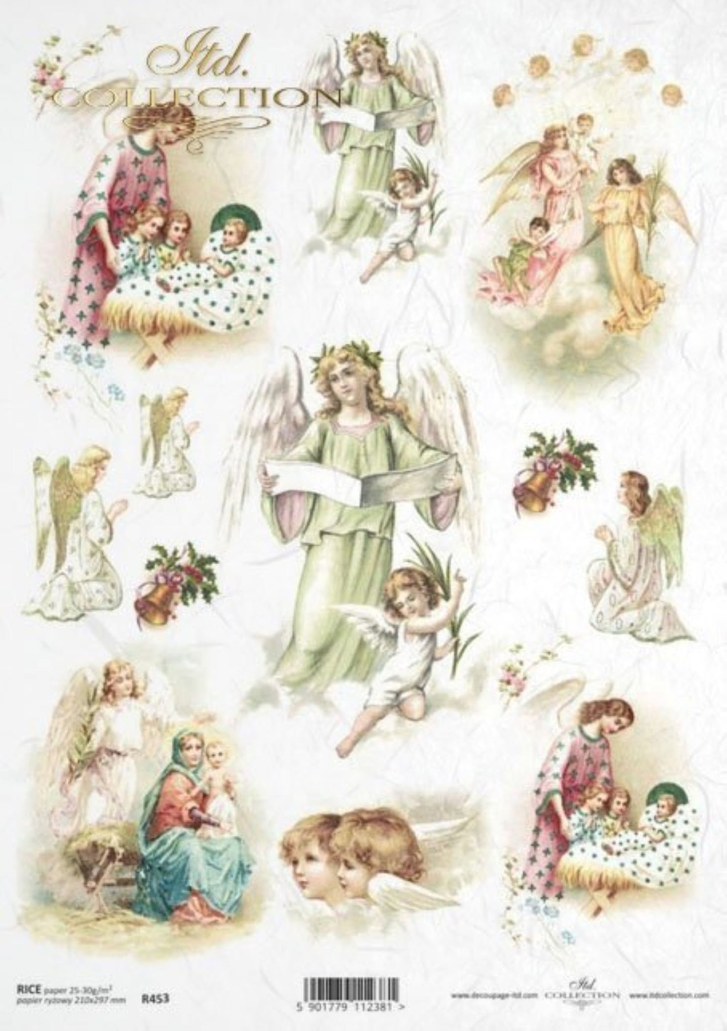 ITD Collection Rice Paper for Decoupage R0453, Size A4 - 210x297 mm, 8.27x11.7 inch, Christmas motifs, decorations, angels