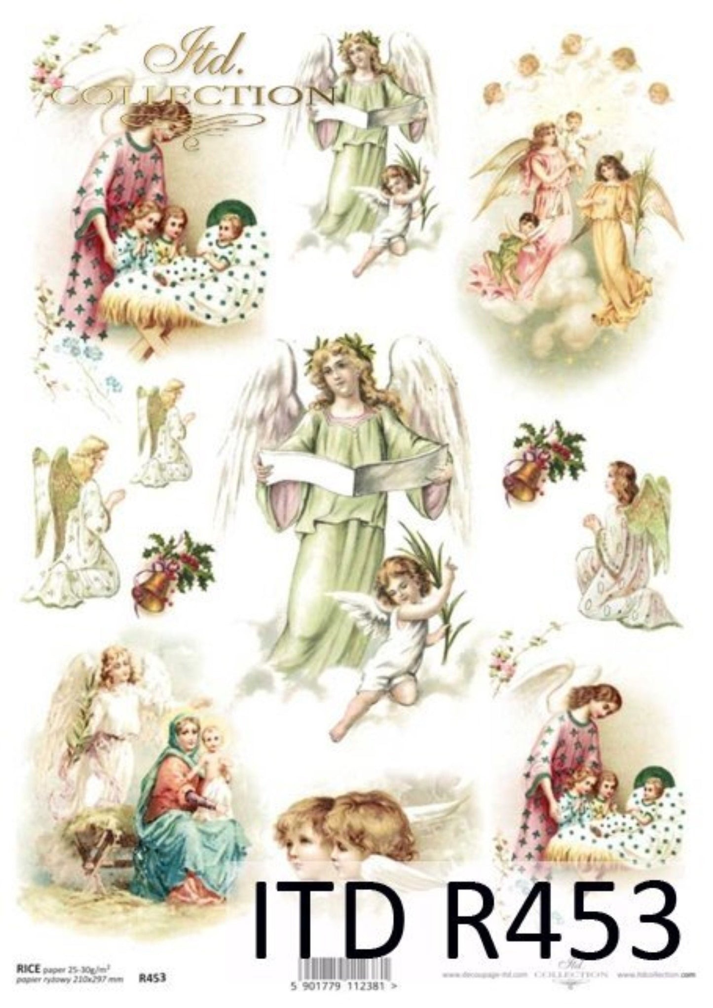 ITD Collection Rice Paper for Decoupage R0453, Size A4 - 210x297 mm, 8.27x11.7 inch, Christmas motifs, decorations, angels