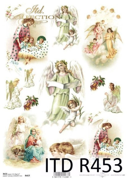 ITD Collection Rice Paper for Decoupage R0453, Size A4 - 210x297 mm, 8.27x11.7 inch, Christmas motifs, decorations, angels ITD Collection
