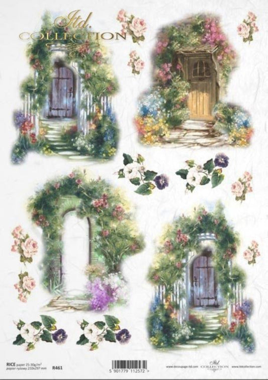 ITD Collection Rice Paper for Decoupage R0461, Size A4 - 210x297 mm, 8.27x11.7 inch, decorated doors, gates, romantic floral decorations