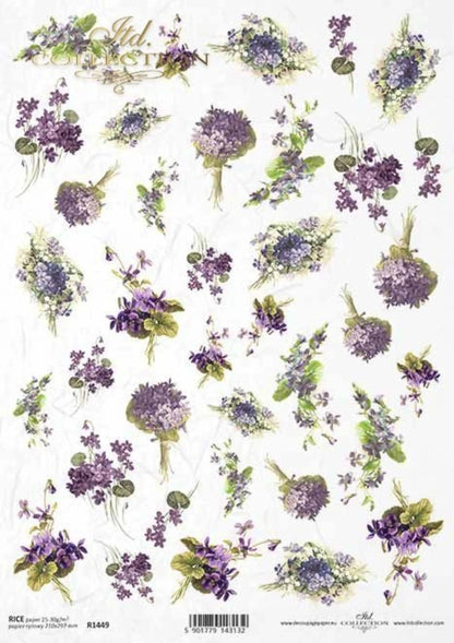 ITD Collection Rice Paper for Decoupage R1449, Size A4 - 210x297 mm, 8.27x11.7 inch, flowers, violets, bouquet, meadow, garden, spring ITD Collection