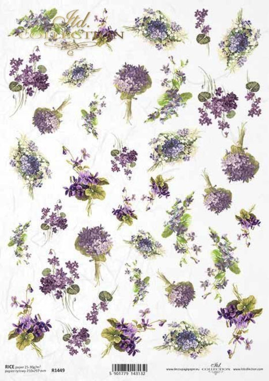 ITD Collection Rice Paper for Decoupage R1449, Size A4 - 210x297 mm, 8.27x11.7 inch, flowers, violets, bouquet, meadow, garden, spring