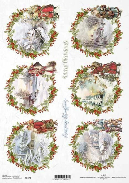 ITD Collection Rice Paper for Decoupage R1473, Size A4 - 210x297 mm, 8.27x11.7 inch, Christmas Rounds, decorations, wreaths, holly, Santa ITD Collection