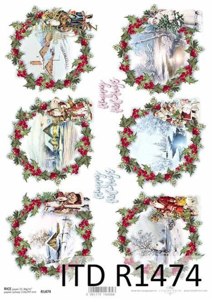 ITD Collection Rice Paper for Decoupage R1474, Size A4 - 210x297 mm, 8.27x11.7 inch, Christmas Rounds, decorations, wreaths, holly, Santa ITD Collection