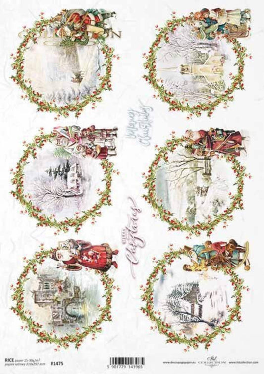 ITD Collection Rice Paper for Decoupage R1475, Size A4 - 210x297 mm, 8.27x11.7 inch, Christmas Rounds,  wreaths, Holly, Santa, Ornaments