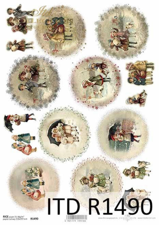 ITD Collection Rice Paper for Decoupage R1490, Size A4 - 210x297 mm, 8.27x11.7 inch, Vintage Christmas, children, Rounds, Ornaments